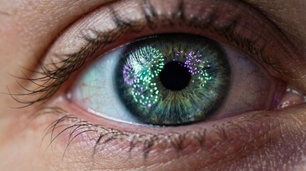 A detailed close-up of a human eye reflecting a colorful fireworks display, a concept of inner celebration, wonder, and joy