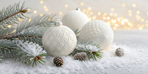 Elegant White Christmas Ornaments with Pine Cones on Snowy Background | Winter Holiday Decoration