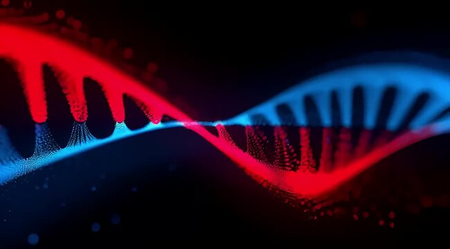 Glowing blue and red wave structure on black background, dynamic contrast.	
