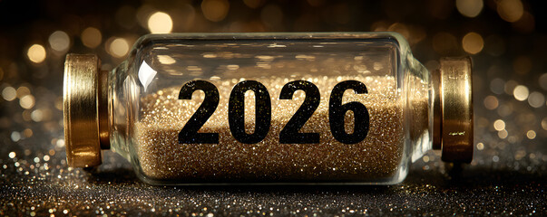 happy new year 2026 countdown clock on abstract glittering midnight sky with copy space, festive party invitation card concept for new years eve