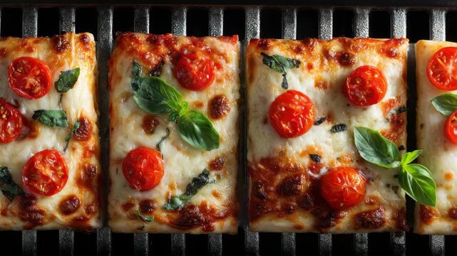 Close up overhead shot of delicious rectangular pizzas topped with melted cheese and fresh red cherry tomatoes and green basil leaves arranged on a dark metal grill rack in natural light