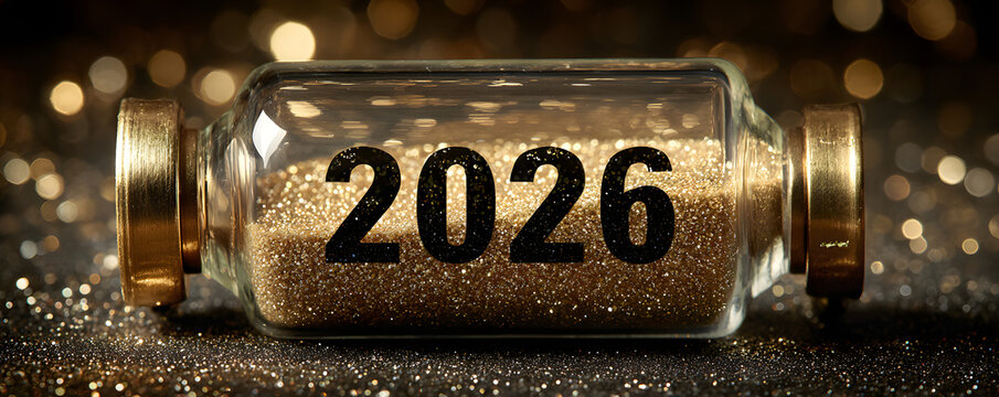 happy new year 2026 countdown clock on abstract glittering midnight sky with copy space, festive party invitation card concept for new years eve