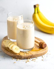 Two smoothies, banana slices, and fresh fruit on a wooden board