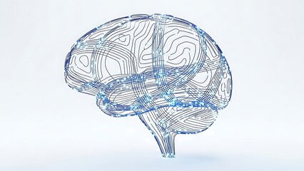 Human Brain Abstract Wireframe Connected with Blue Nodes on White Background