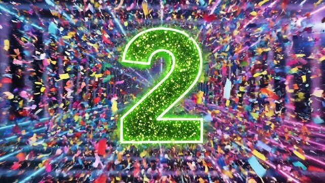 Retro 80s Style Neon Glowing Glitter Number 3 in a Futuristic Grid Tunnel for Countdown