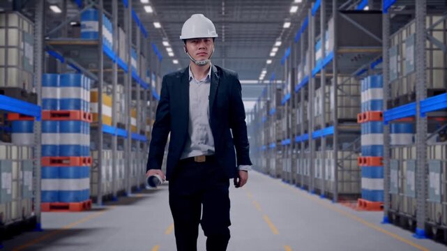 Front View of Asian Businessman Holding Blueprint While Walking at Warehouse Aisle with Chemical or Oil Barrels on Pallet Racking