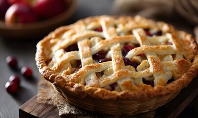 Rustic holiday bake with ornate crust lattice and warm shadows