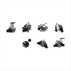 Wash your hands icons set. Hand washing icons set. Hand drawing with water tap, drop, soap bubble sign, vector illustration. Handwashing icon fill vectors set for ui.