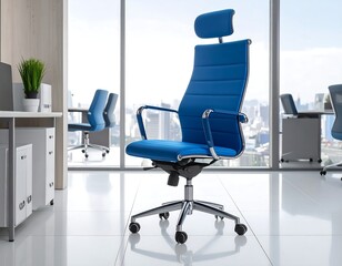 Modern blue office chair in a bright, minimalist workspace, near a window with city views