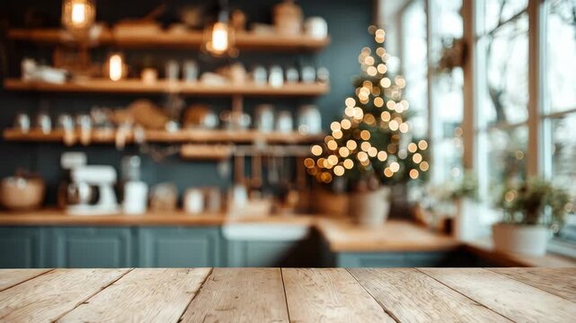 Cozy Kitchen Interior Decorated for Christmas With a Decorated Tree and Warm Bokeh Lights Creating a Festive Holiday Atmosphere