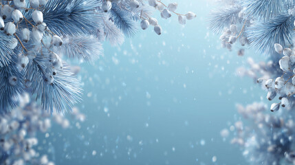 Nordic-inspired winter background, frosty pine branches and white berries along the corners, cool blue and silver palette, soft falling snow, serene and calm mood
