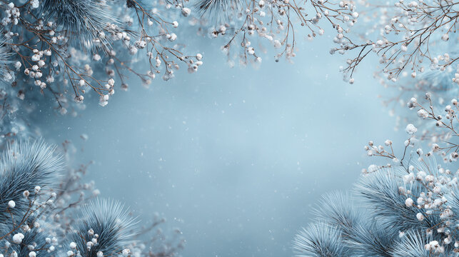 Nordic-inspired winter background, frosty pine branches and white berries along the corners, cool blue and silver palette, soft falling snow, serene and calm mood