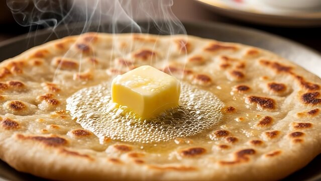 Steaming hot buttered paratha with a dollop of melting butter on top