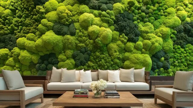 Vibrant Living Green Moss Wall Decor in a Modern Living Room with Plush White Sofas and a Wooden Coffee Table