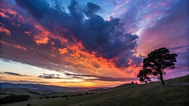 Mystical Guardian at Twilight: Wolf-like Creature Against Starry Sunset Landscape - Powered by Adobe