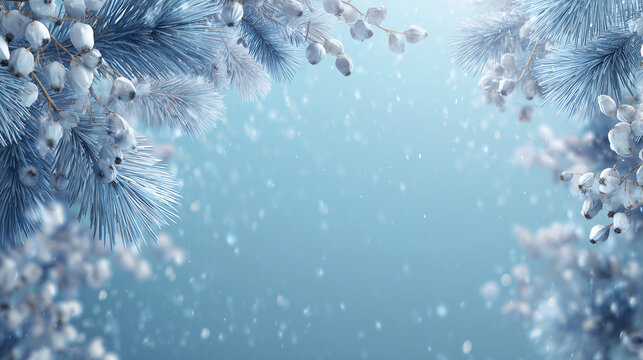 Nordic-inspired winter background, frosty pine branches and white berries along the corners, cool blue and silver palette, soft falling snow, serene and calm mood