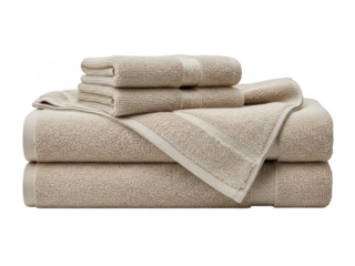 Stack of beige terry cloth bath towel set isolated on transparent background