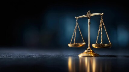 Close up of a golden justice scales symbol of law and order on a reflective dark surface with a soft blue bokeh background dramatic lighting and a sense of balance and fairness