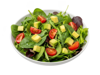 Fresh green salad with avocado and cherry tomato isolated on transparent background
