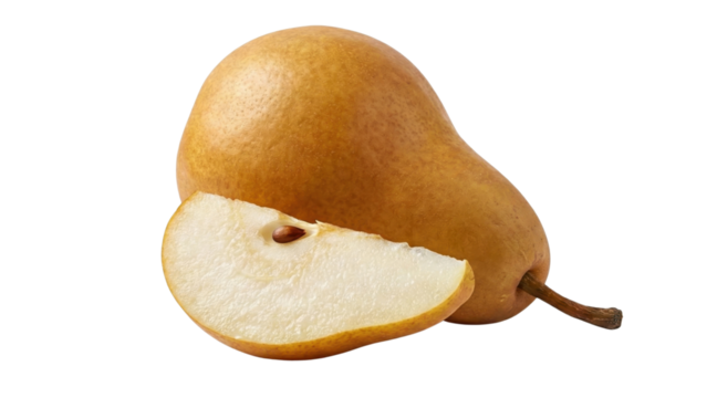 Fresh Pear: a luscious pear, inviting with its natural shape and a slice, offering a tempting glimpse of its succulent flesh.