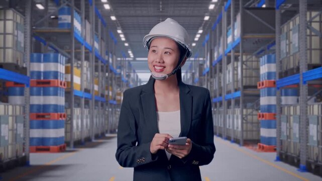 Front View of Asian Businesswoman Use Smartphone While Walking and Looking Around at Warehouse Aisle with Chemical or Oil Barrels on Pallet Racking