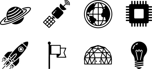 A comprehensive collection of black and white flat vector icons featuring space exploration themes including a rocket ship satellite planet earth globe processor flag dome and bulb