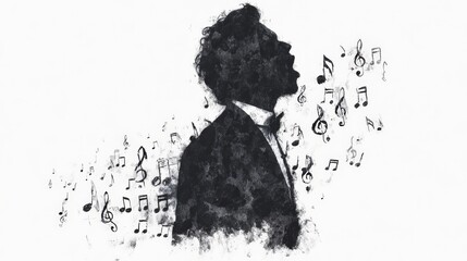 A silhouette of a singer in a tuxedo, surrounded by musical notes, representing the power and passion of music.
