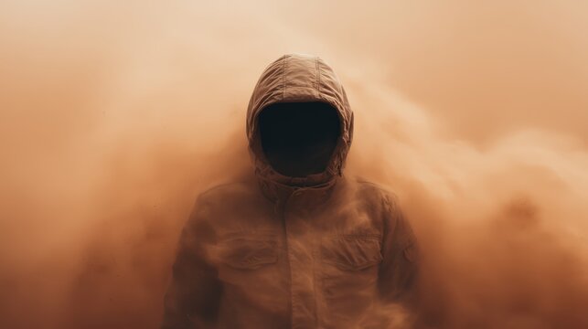 A mysterious figure in a hooded jacket stands amidst swirling dust, creating an eerie and dramatic atmosphere.