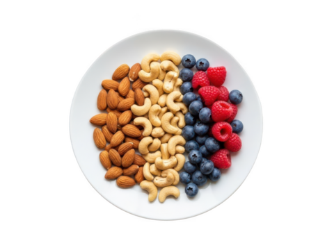 Assortment of almonds, cashew nut, blueberry, and raspberry isolated on transparent background