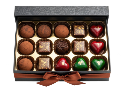 Assortment of gourmet chocolate truffle and bonbon candy in box isolated on transparent background