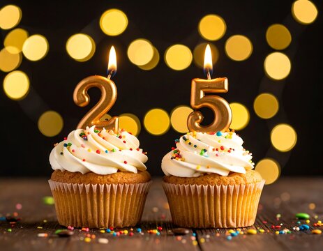 Two cupcakes topped with frosting, sprinkles, and golden candles forming the number 25, against bokeh lights