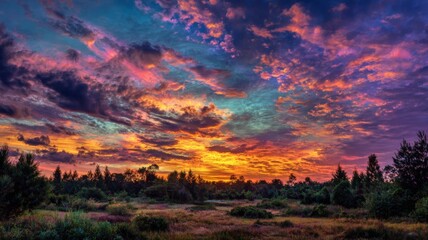 Vibrant sunset over rolling countryside hills with dramatic colorful sky and peaceful rural landscape