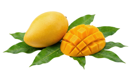 Golden Mango Duo: Fresh mangoes with vibrant colors and rich textures, the image showcases the juicy flesh alongside the whole fruit.