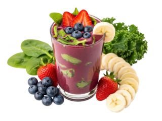 Healthy purple smoothie bowl with fresh fruit and greens isolated on transparent background