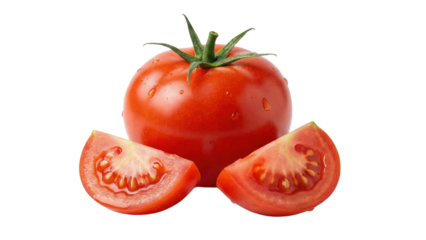 Tomato Slices: A fresh, ripe tomato and two perfectly sliced wedges, showcasing the vibrant red flesh and juicy texture, ideal for culinary presentations.