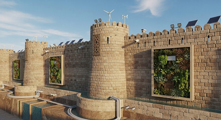 Sustainable fortress design with integrated green walls, solar panels, and wind energy modern