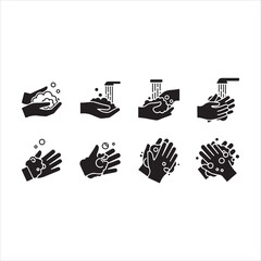 Wash your hands icons set. Hand washing icons set. Hand drawing with water tap, drop, soap bubble sign, vector illustration. Handwashing icon fill vectors set for ui.