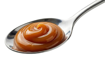 Fototapeta premium Golden Caramel Swirl: A close-up view presents a luxurious swirl of rich, golden caramel artfully presented in a gleaming spoon. A delicious treat for the eyes!