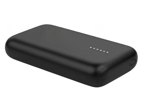 Black portable power bank with four indicator lights on white isolated on transparent background