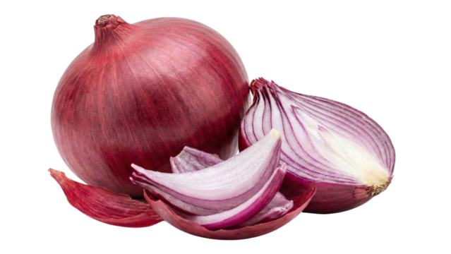 Fresh Red Onion: A vibrant close-up of a whole red onion, alongside a partially sliced one and several pieces, showcasing its layers and fresh appearance.
