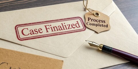 Document Envelope with Case Finalized Stamp and Tag Signifying Process Completed in Professional Setting