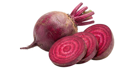 Beetroot Slices: Vividly captures the essence of fresh, raw beetroot, both whole and sliced. Each element presents the vegetable's deep colors and concentric patterns.