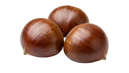Chestnut Trio: A close-up shot showcasing three glistening chestnuts, their smooth, rich brown surfaces hinting at the deliciousness within, perfect for culinary and seasonal themes.