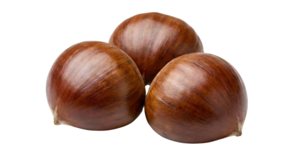 Chestnut Trio: A close-up shot showcasing three glistening chestnuts, their smooth, rich brown surfaces hinting at the deliciousness within, perfect for culinary and seasonal themes.
