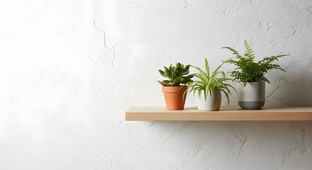 Minimalist Potted Houseplants on Wooden Shelf White Wall Background