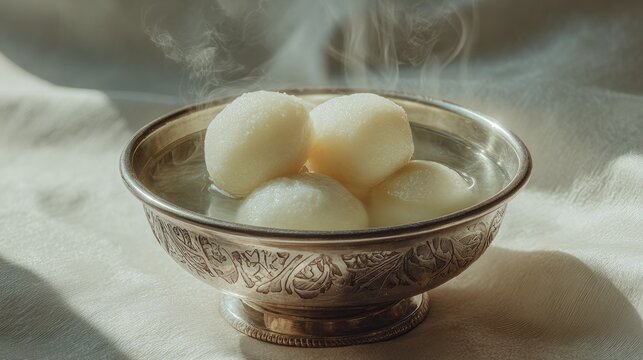 A silver bowl filled with rasgulla in light syrup, their spongy white texture glowing softly under diffused lighting.