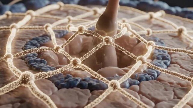 Microscopic view of hair follicle structure with collagen and elastin fibers in anatomical detail highlighting skin regeneration and dermatological research