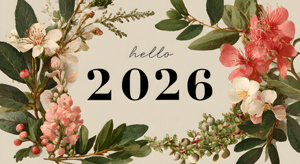 Elegant greeting card design featuring hello 2026 in a modern font, adorned with delicate botanical elements, , conveying a sense of fresh start and anticipation for upcoming year