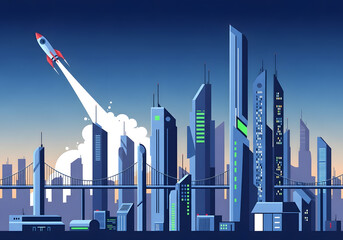 Futuristic Cityscape with Rocket Launching into Sky.