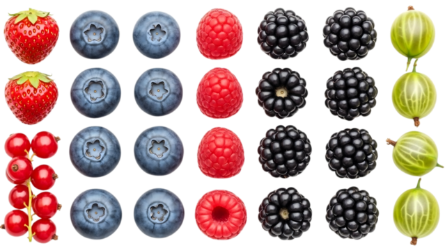 Colorful collection of fresh summer berries. Strawberry, blueberry, raspberry, and blackberry neatly arranged in rows on an isolated transparent background